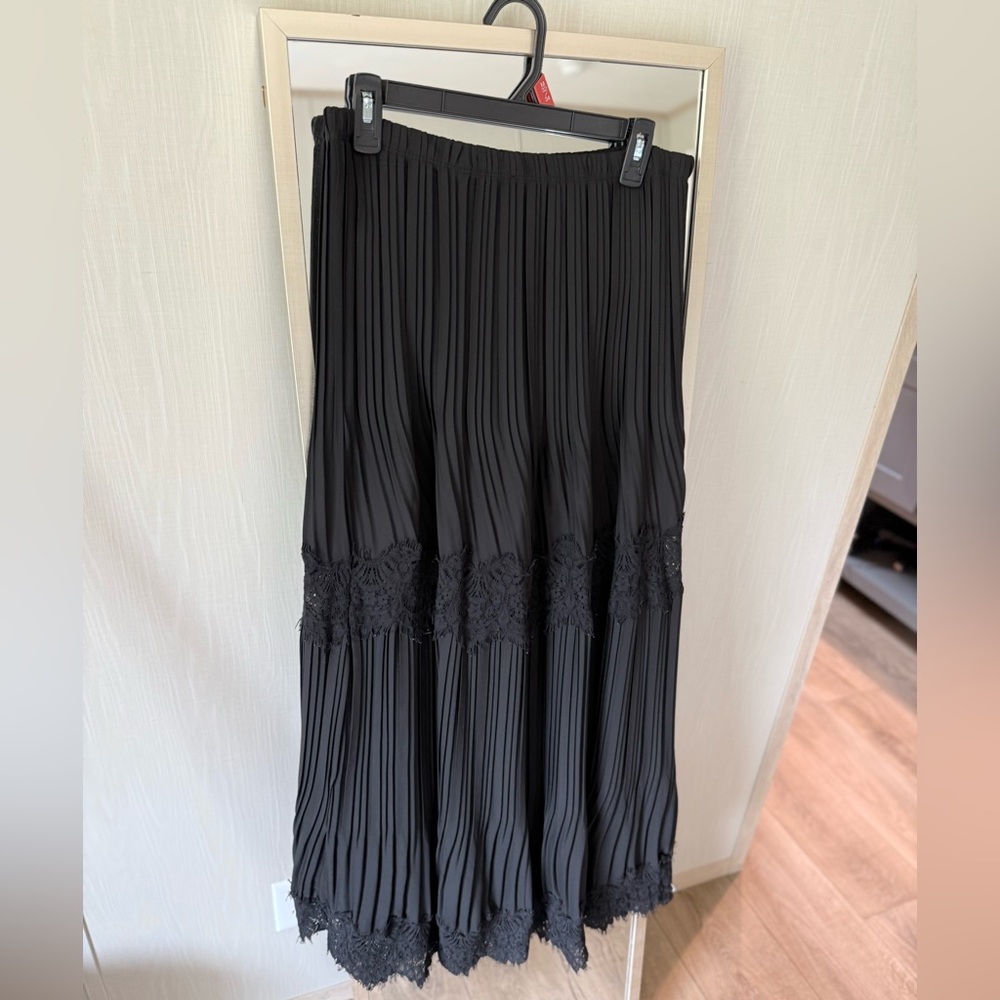 Max Studio Black Lace Trim Pleated Midi Skirt